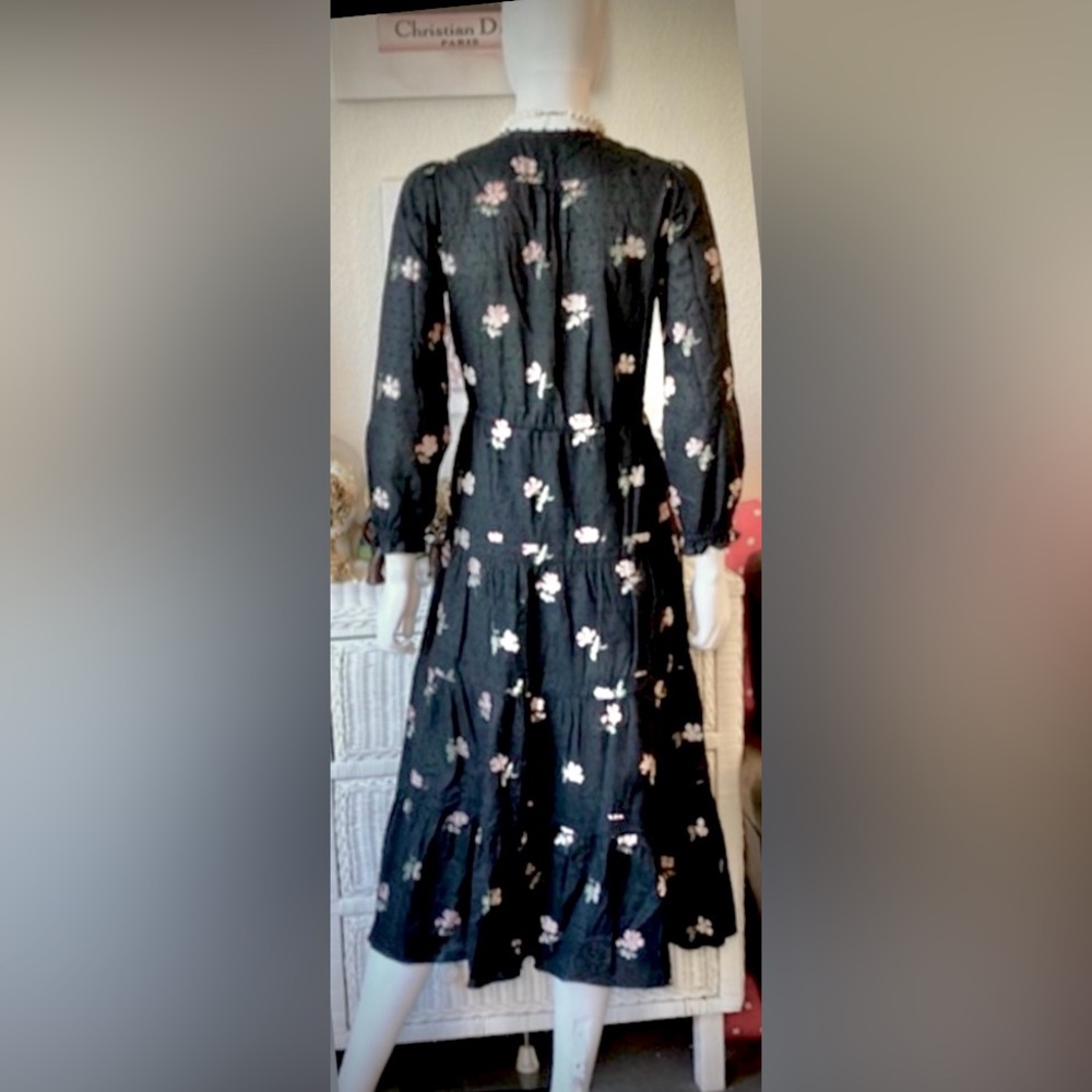 Ulla Johnson Midi Dress Black Floral Cotton Tassels Braided Pink on Black Size 0